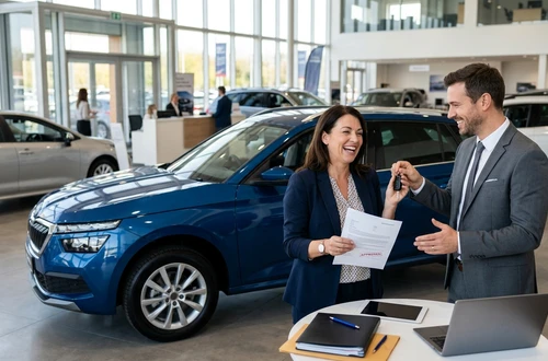 DriveWise lending specialist reviewing a car loan application with a client in a bright modern office
